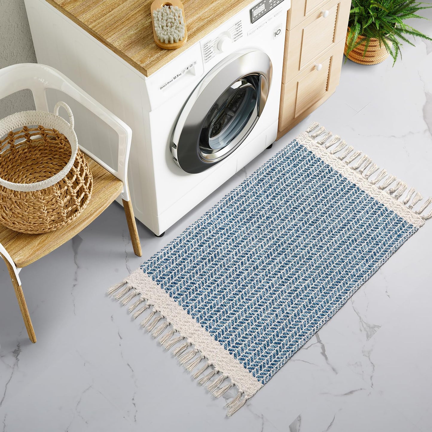 Lahome Belle Boho Bathroom Rugs, Small 2x3 Front Door Bath Mats Lightweight Entryway Rug Woven Cotton Area Rug with Tassels, Farmhouse Blue Throw Rug Washable Low Pile Carpet for Kitchen