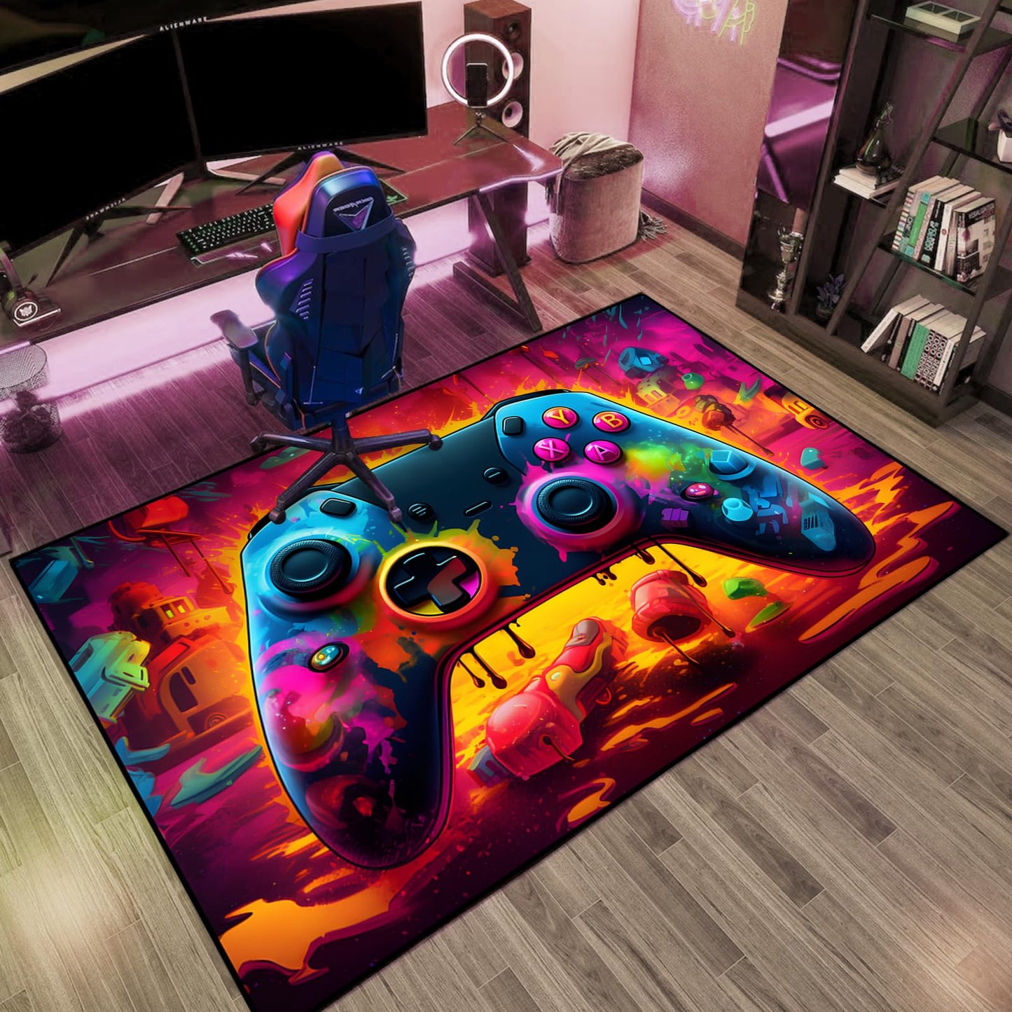 Gaming Area Rug Teen Boys Carpet, Lava Design Gamepad and Colorful Bomb Background Game Controller Design for Game Room, Gaming Room, Boys Girls Bedroom Playroom, Living Room (60"x40" - 150x100cm)