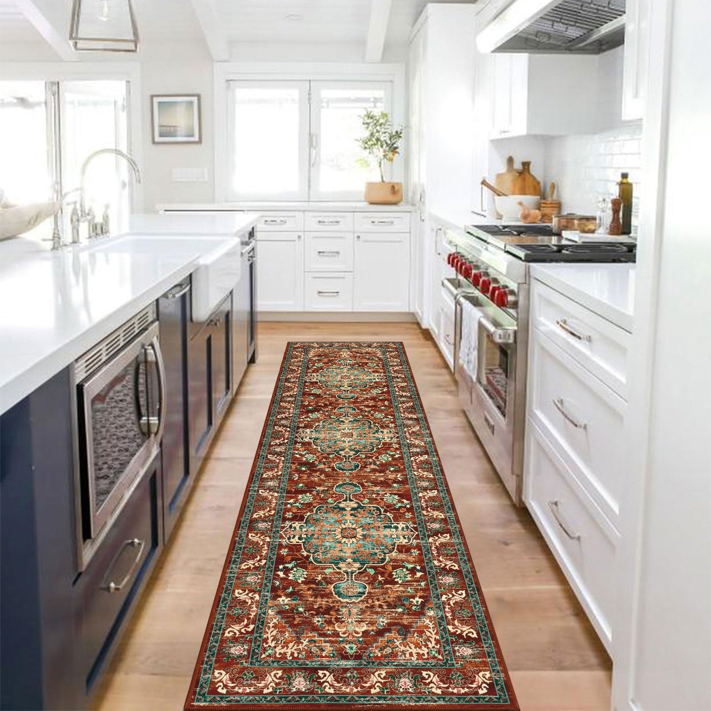 U'Artlines 2' x 8' Boho Hallway Runner Rug, Non Slip Washable Vintage Farmhouse Accent Area Rug Carpet for Kitchen Entryway Laundry and Living Room (Rust＆Teal)