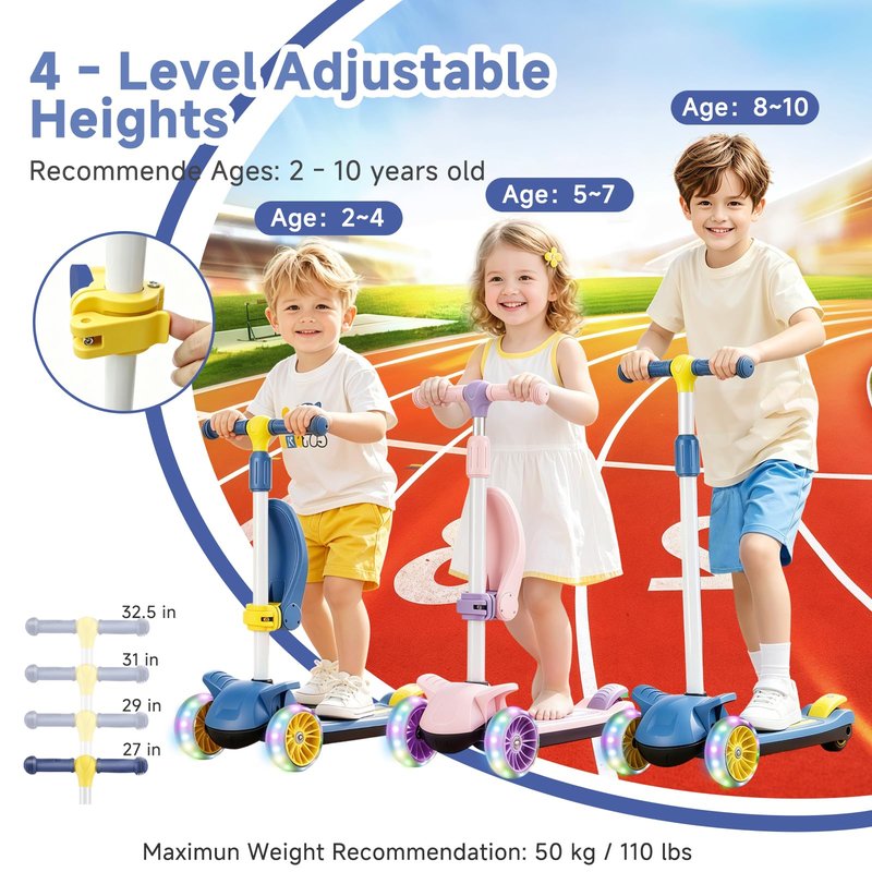 Wheelive 2 in 1 Kick Scooter with Removable Seat, 3 LED Wheels Kick Scooter for Kids, 4 Adjustable Height & Foldable Design Toddler Scooters Sit or Stand Ride for Boys & Girls 2-10 Years Old