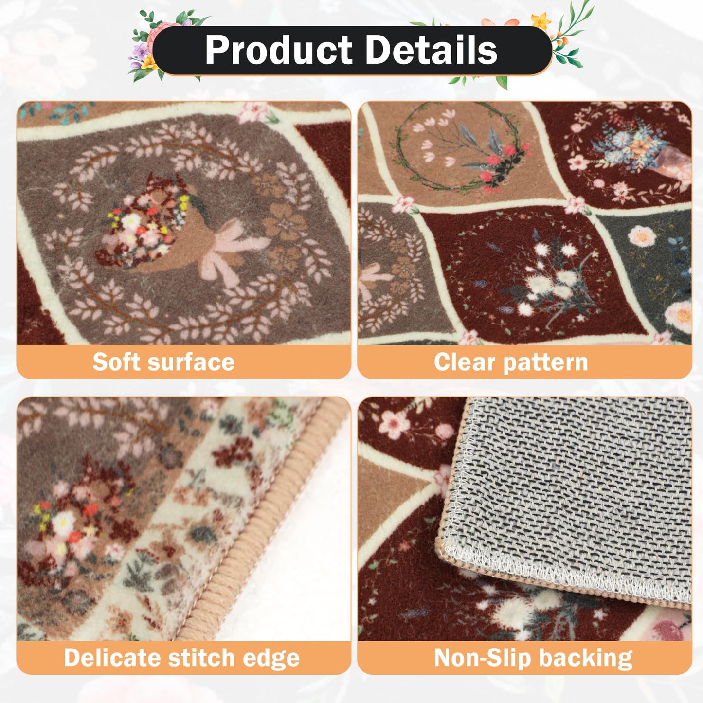 PCSWEET HOME Moroccan Trellis Kitchen Rugs Sets of 3 Non Slip Kitchen Rugs and Mats Washable Indoor Door Mat Floral Kitchen Floor Mat Carpet Runner Rugs for Hallway Laundry Room, Brown