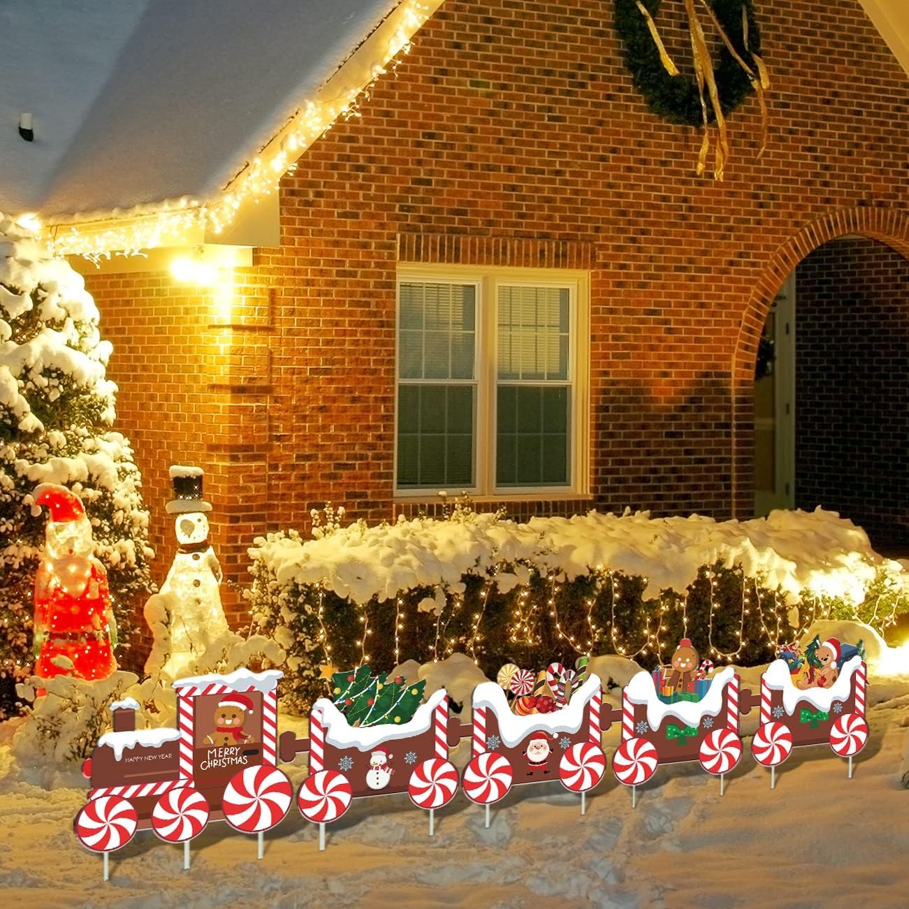 5Pcs Train Christmas Decorations Outdoor, X-mas Train Yard Signs with 8 Stakes, Gingerbread Xmas Tree Lawn Signs, Waterproof Christmas Yard Decorations Outdoor