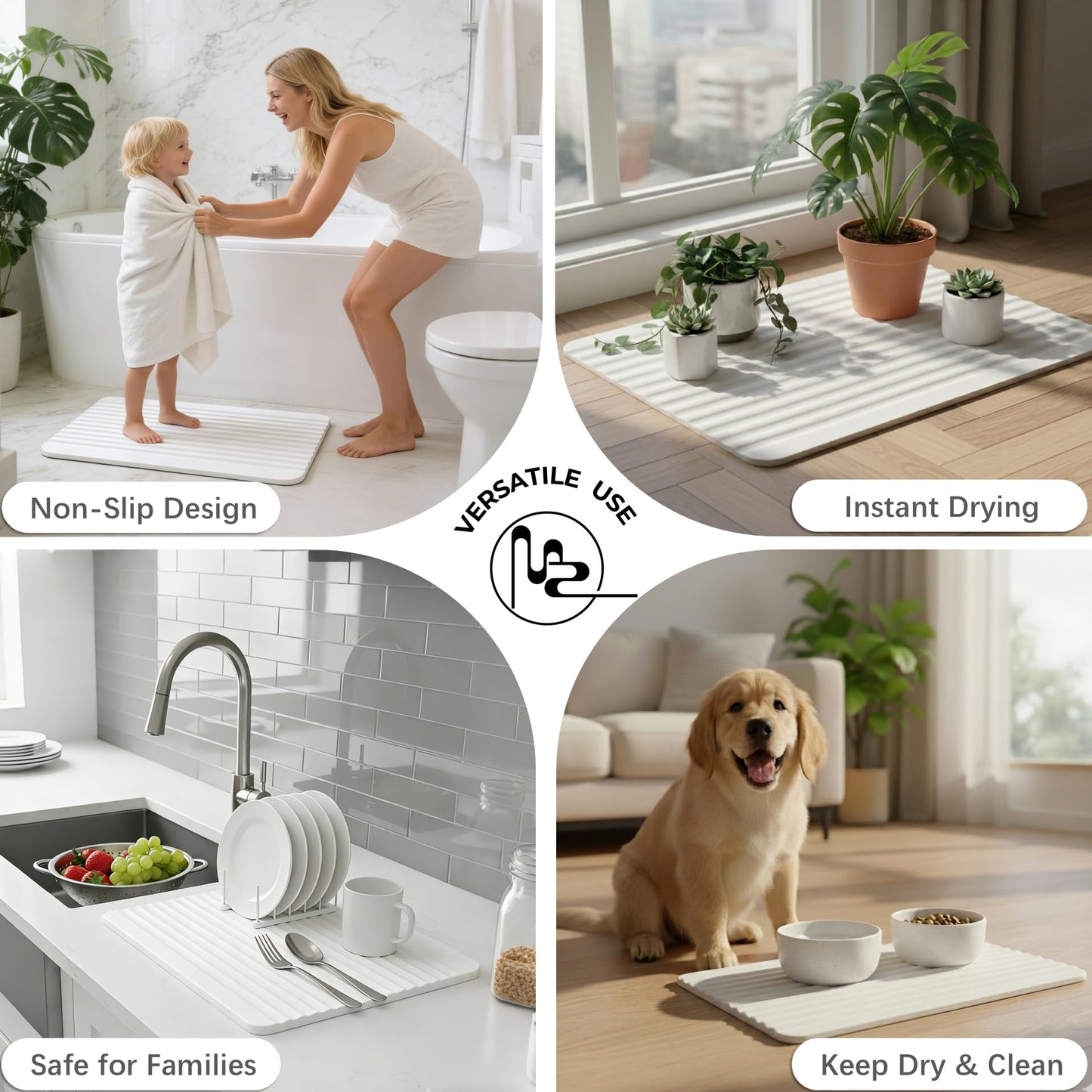 Maison Zozo Stone Bath Mat Diatomaceous Earth Shower Mat Non-Slip Ultra Absorbent Durable Stone Mats for Bathroom/Kitchen Fast-Drying Modern Design Easy to Clean (24''*16'' White)