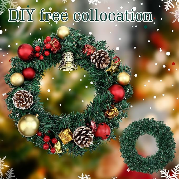 Zeyune Christmas DIY Green Wreath 14 Inch Artificial Christmas Wreaths Faux Plain Wreaths for Decorating Front Door Window Room Farmhouse Xmas Party Indoor Outdoor(Classic,8 Pcs)