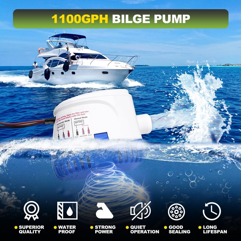 1100 GPH Automatic Boat Bilge Water Pump 12V with 3 Way Switch Panel & 1-1/8 Inch Dia Bilge Pump Plumbing Kit Ideal for Fishing Boats, Cruisers, Runabouts, Yachts