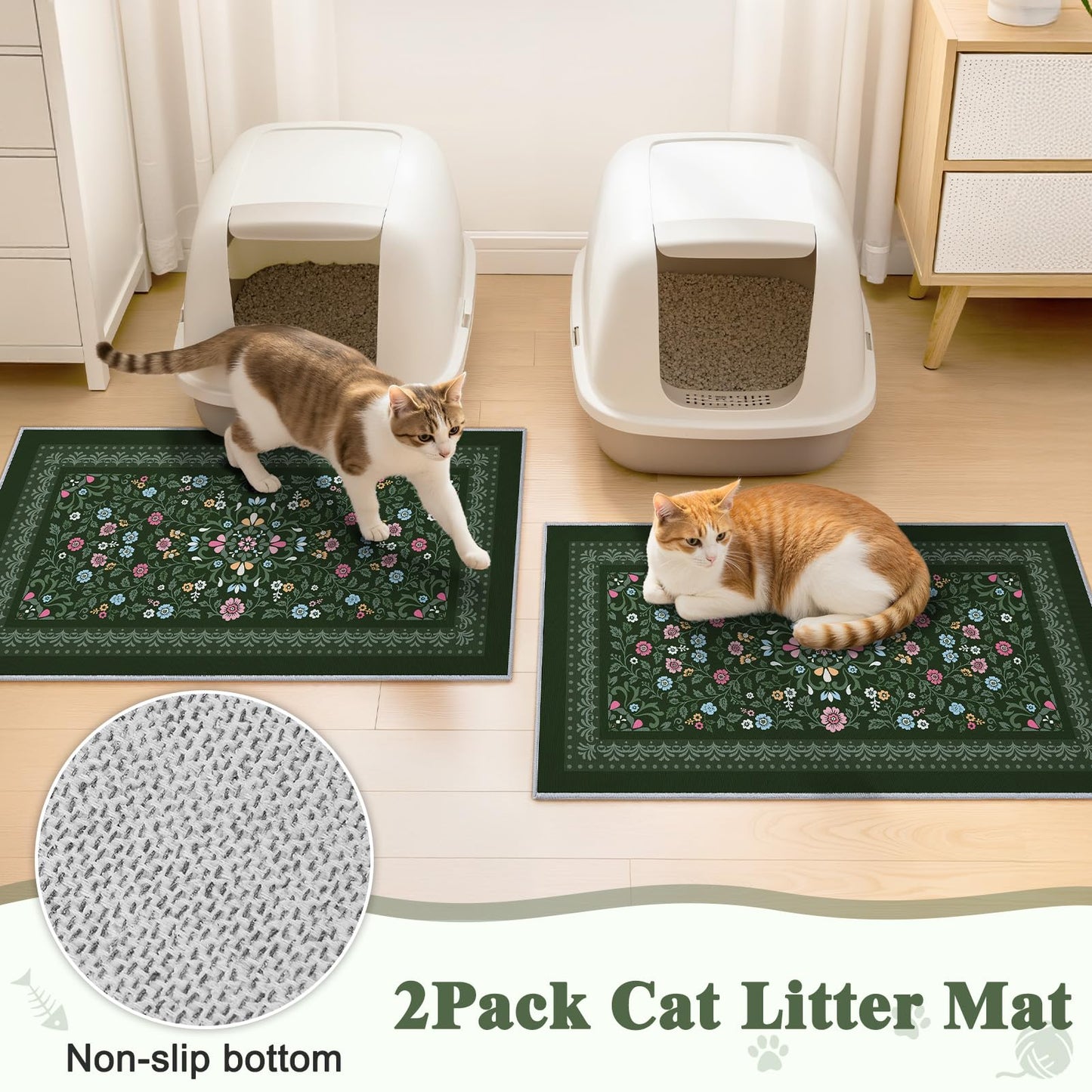 Bienbee Cat Litter Mat, 2PCS 33"x22" Machine Washable Litters Box Mats Non-Slip &Waterproof Cat Litters Trapping Mats Easy to Clean Mat for Litter Box Less Waste Protects Floors Dark Green L