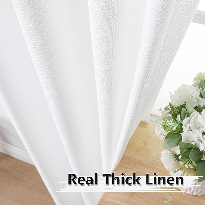 Tollpiz Linen Tier Curtain Rod Pocket Semi Sheer Half Kitchen Curtains Burlap Light Filtering Thick Linen Drape for Bathroom, 30 x 36 inches Long, White, Set of 2 Panels