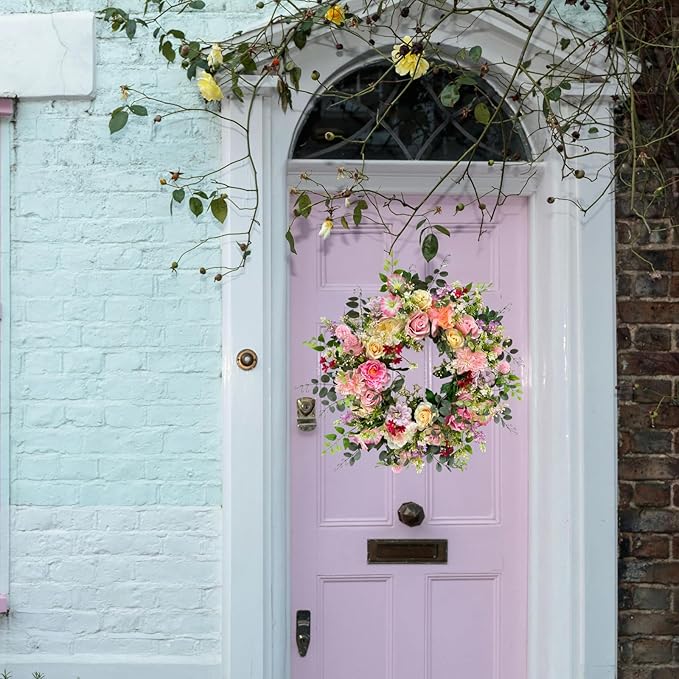 24 Inch Spring Summer Wreath for Front Door Outside Artificial Peonies Rose Flowers Morning Glory Mixed Flowers for Outdoor Front Door Indoor Wedding Wall Window Décor All Season
