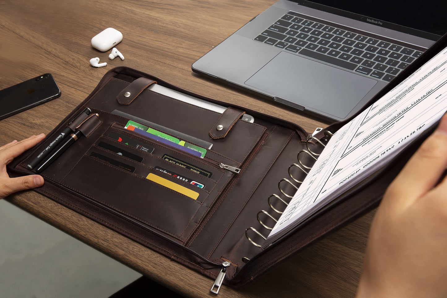 GZRHKJ Genuine Leather Business Check Binder, 7 Ring Checkbook Binder for Business Checks, Personalized Engraved Checkbooks, 600 Checks Capacity for 9 × 13 Inch Sheet (Dark Brown)
