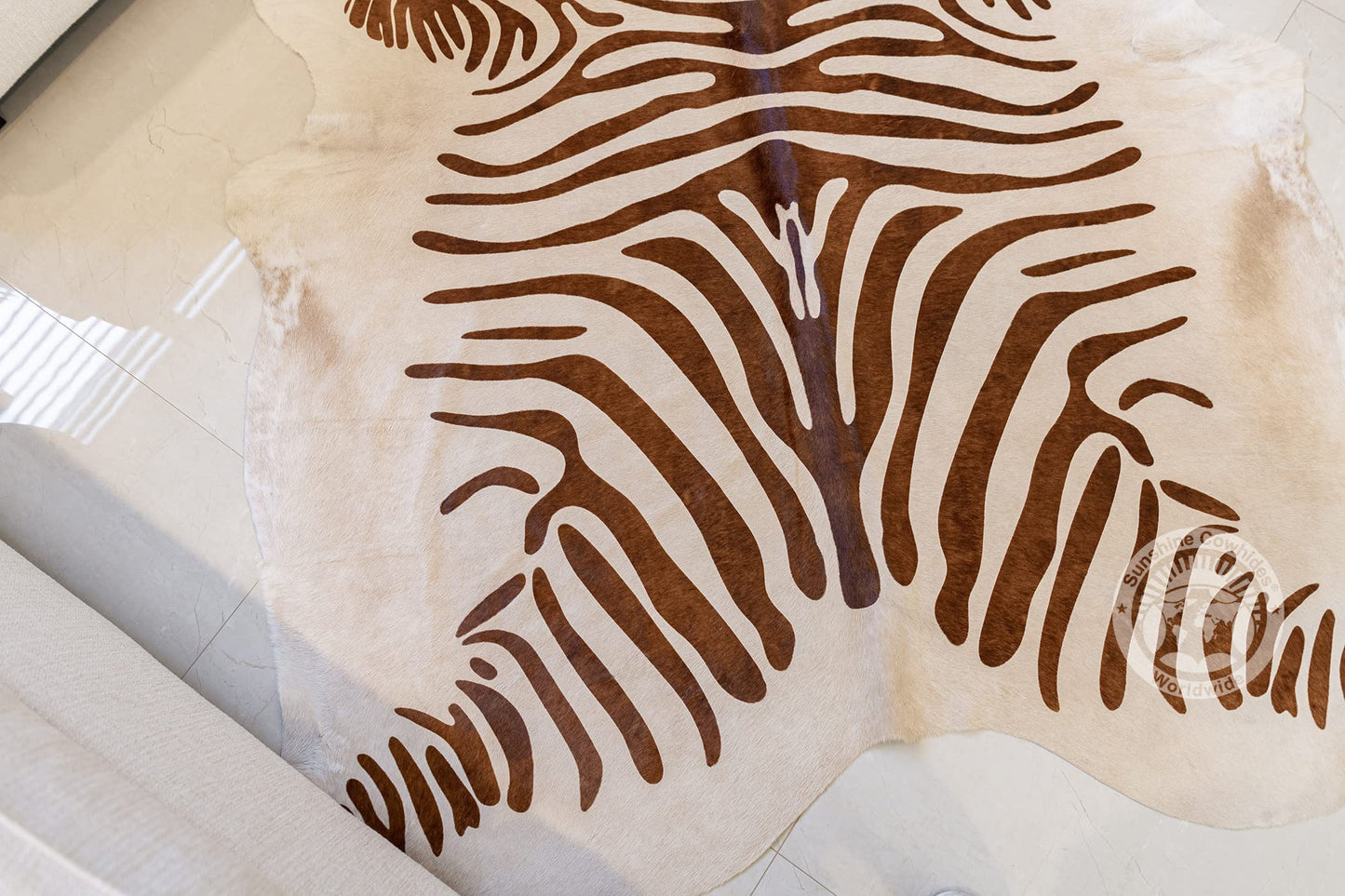 Sunshine Cowhides 100% Genuine Zebra Print Brown on Beige Cowhide Rug - Modern Style Animal Skin Rug & Floor Carpet for Living Room, Bedroom, Kitchen & More - Large (6x6-7ft)