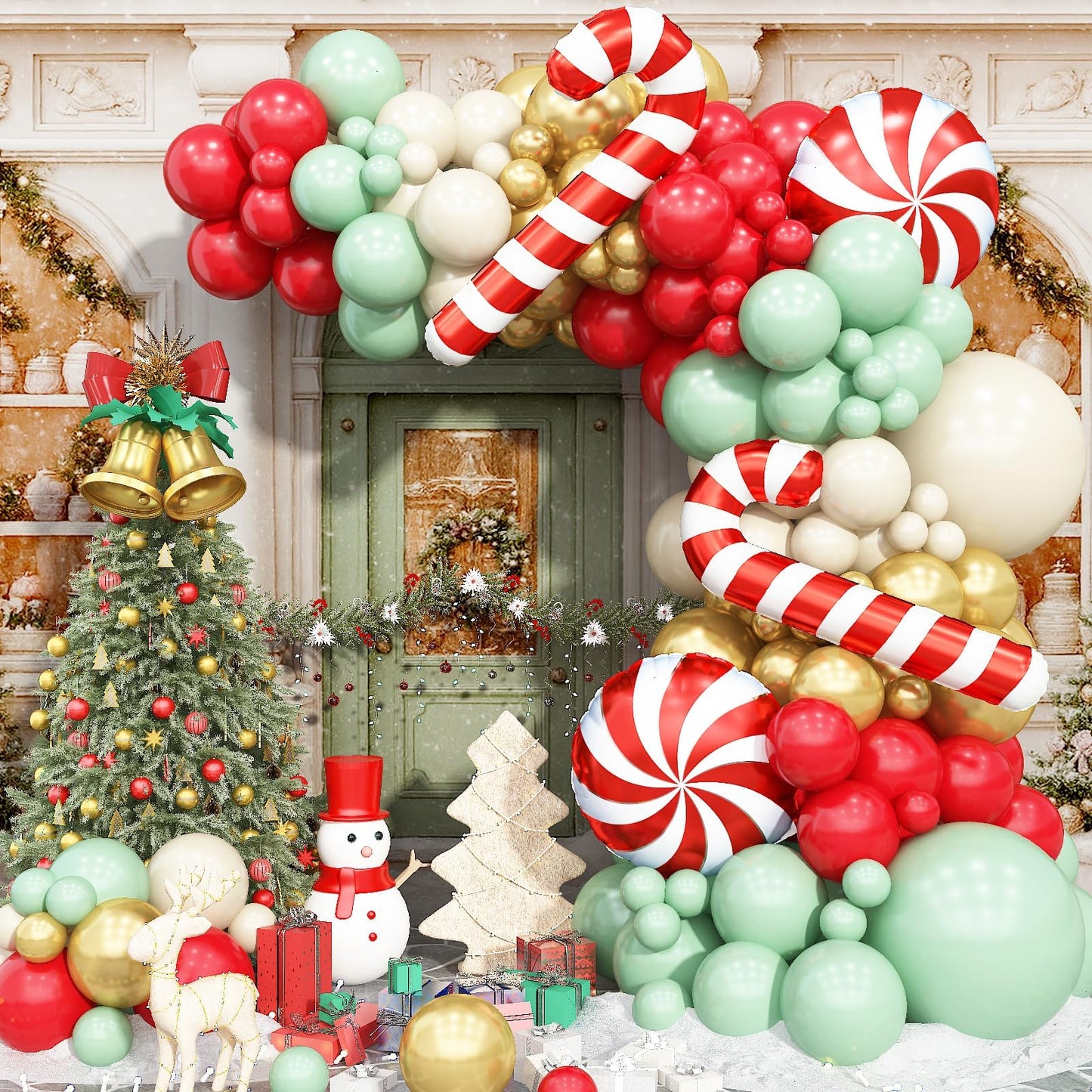Christmas Balloons Arch Red Green White Gold Balloons Garland with Candy Cane Crutch Foil Balloon Xmas Birthday Party Decorations Lollipop Balloon Metallic Beige Latex Helium New Year Decor Supplies