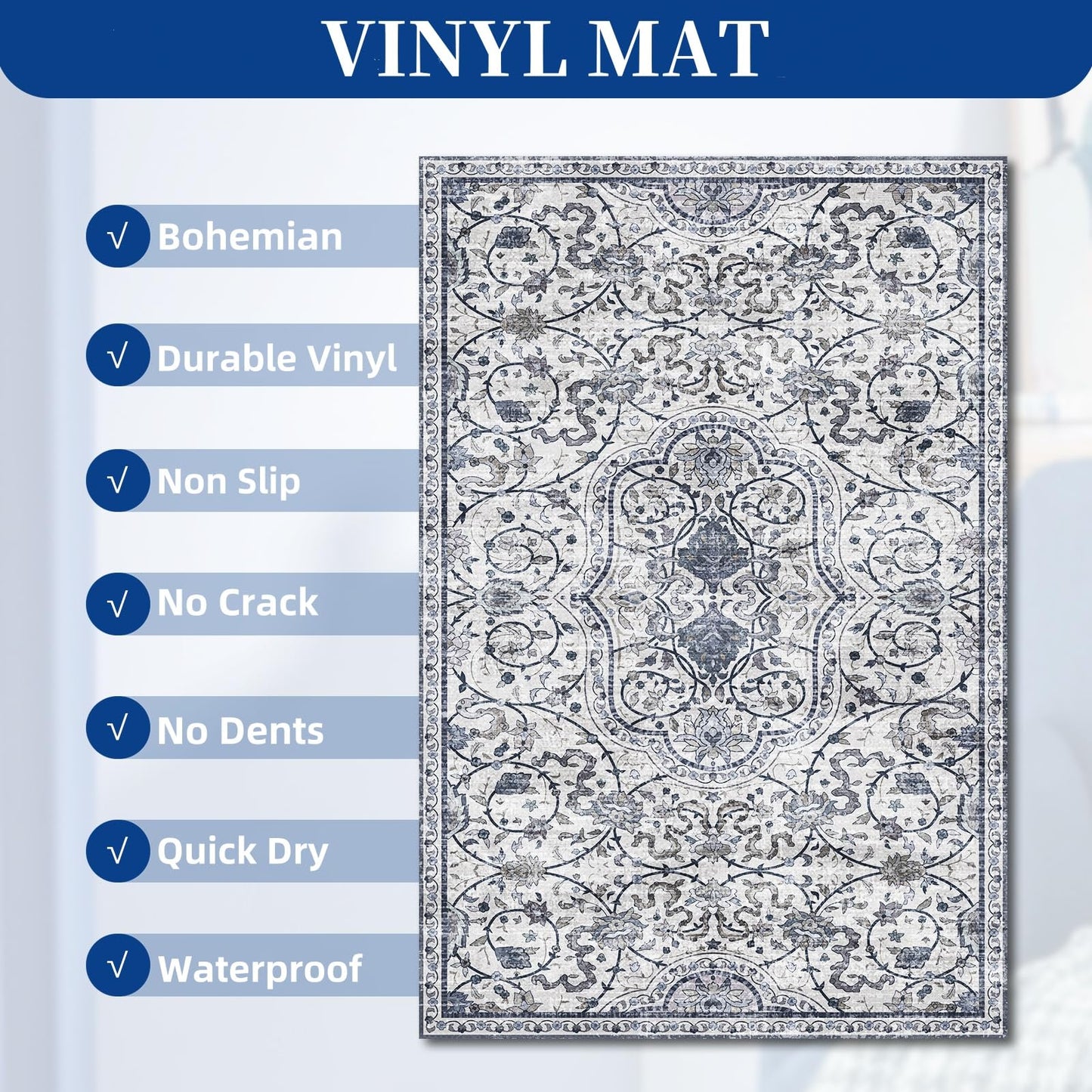 SALLOUS Vinyl Floor Mat for Home, 5' x 8' Waterproof Area Rug for Living Room, Non-Slip Area Rug for Under Dining Table, Vinyl Hard Floor Protector Mat for Bedroom, Kitchen, Bathroom (Grayish Blue)