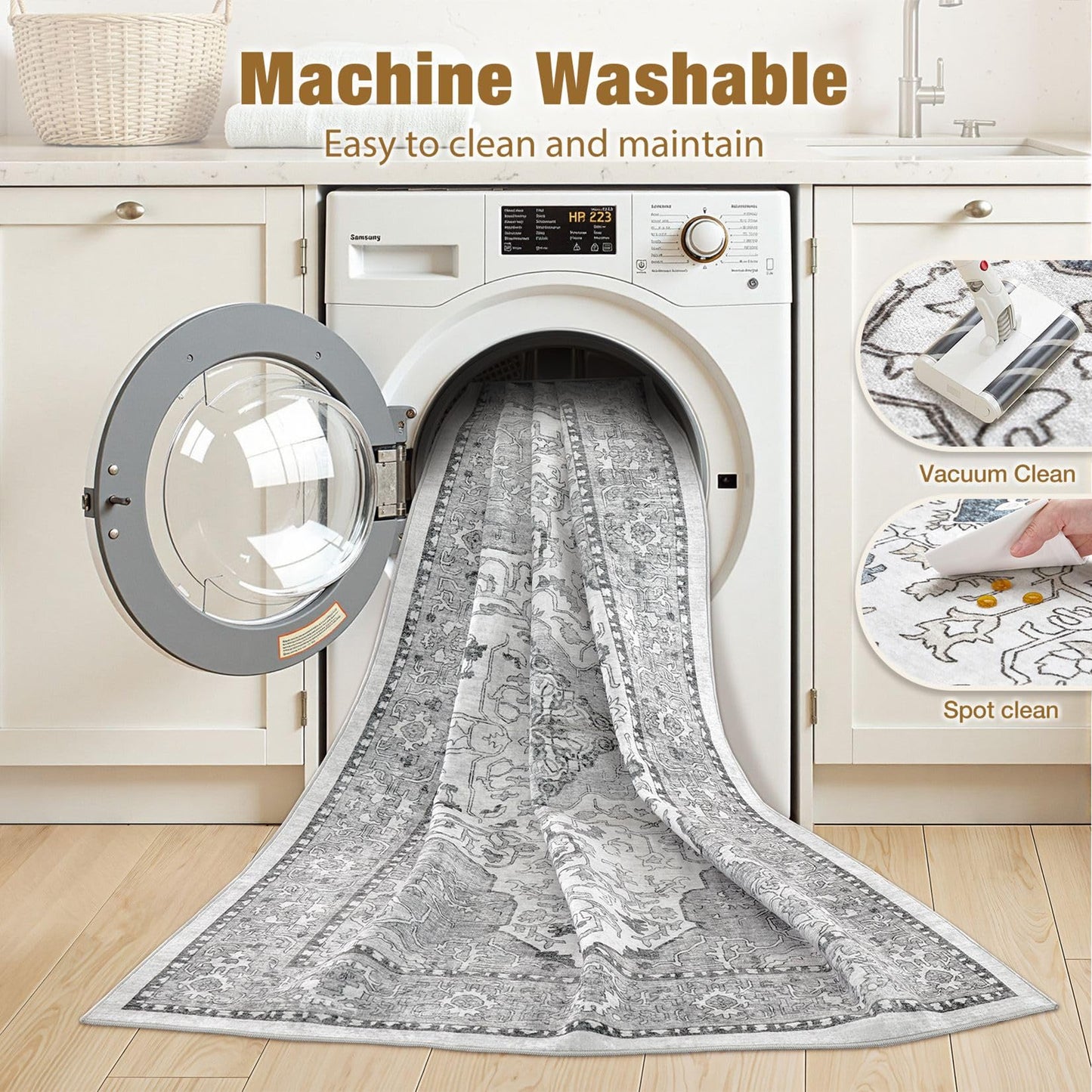 cotiled 4x6 Area Rug Machine Washable Vintage Carpet for Living Room Bedroom Soft Non-Slip Backing Floor Mat Kid & Pet Friendly Stain Resistant Grey