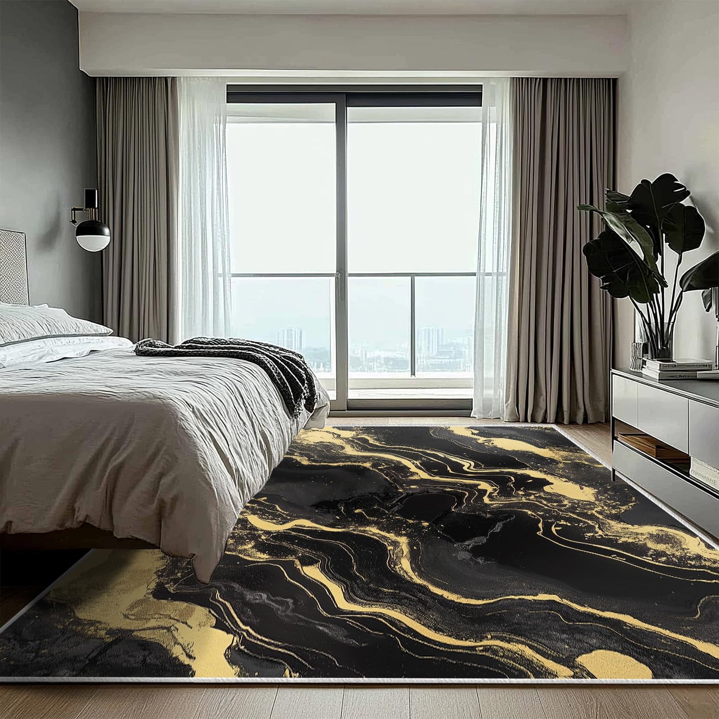 8x10 Area Rug Black and Gold Modern Large Rug for Living Room Indoor Machine Washable Abstract Rugs for Bedroom Ultra Soft Dining Room Carpet Non-Slip Non-Shedding Throw Rug for Home Office