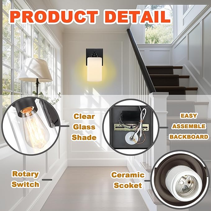 Wall Sconces with Switch Set of Two, Bedside Wall Lamps for Bedroom, Modern Bathroom Light Fixtures with Milk Glass Shade, Black Sconces Wall Lights for Hallway, Living Room, Kitchen