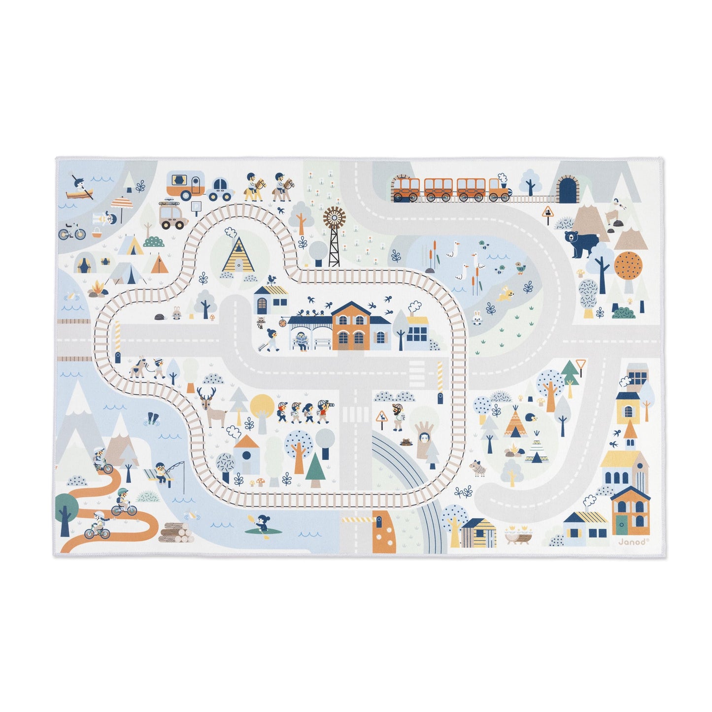 Janod - Children's Car Rug - Winter Mountain Theme - Soft & Non-Slip - Sports & Valley Pattern - Play Rug for Girls & Boys' Bedrooms - 120 x 78cm - Hand Washable - from 2 Years Old - J05940