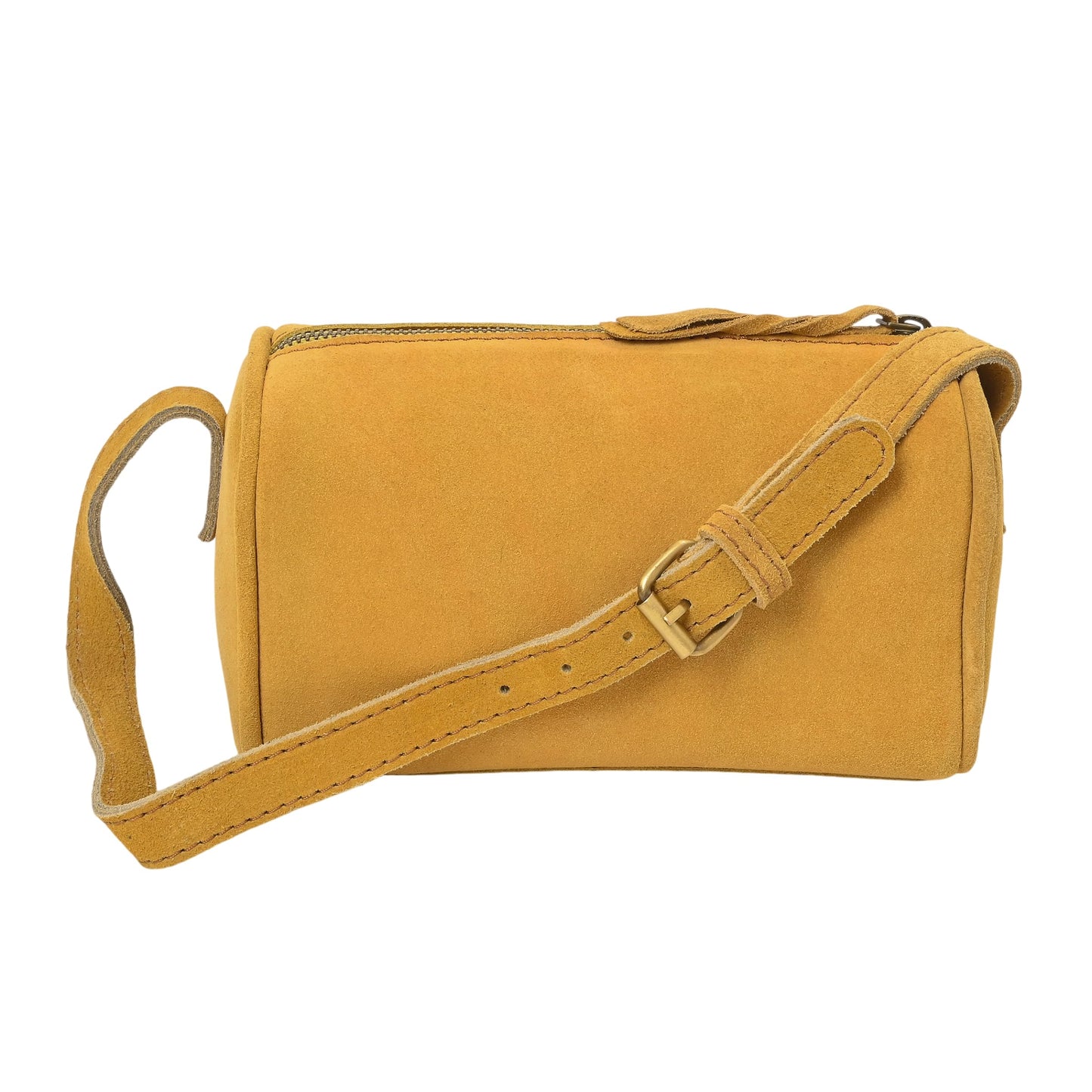 Merbaa Leather Cosmetic Bag for Women with Zipper Closure & Shoulder Strap, Small Genuine Suede Makeup Pouch Organizer Travel Toiletry Case Crossbody Sling Purse. Tan