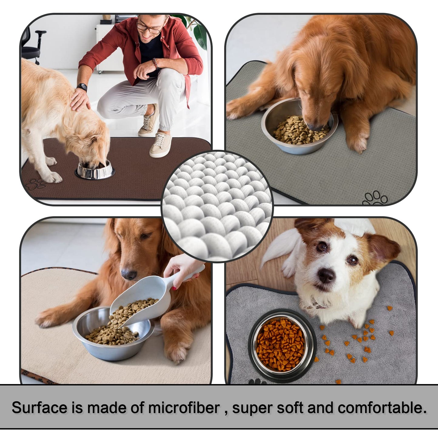 SINLAND Microfiber Pet Bowl Mat Dog Cats Feeding Mats for Food and Water Dish Drying Mat with Anti-Skid Backing 14.2Inch x 24Inch Grey
