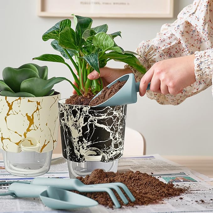 4.8 Inch Self Watering Pots for Indoor Plants 2 Pack, Plastic Modern Decorative Plant Pots with Transparent Water Reservoir, Outdoor Garden Flower Herb Succulent Pot, Marble Printed