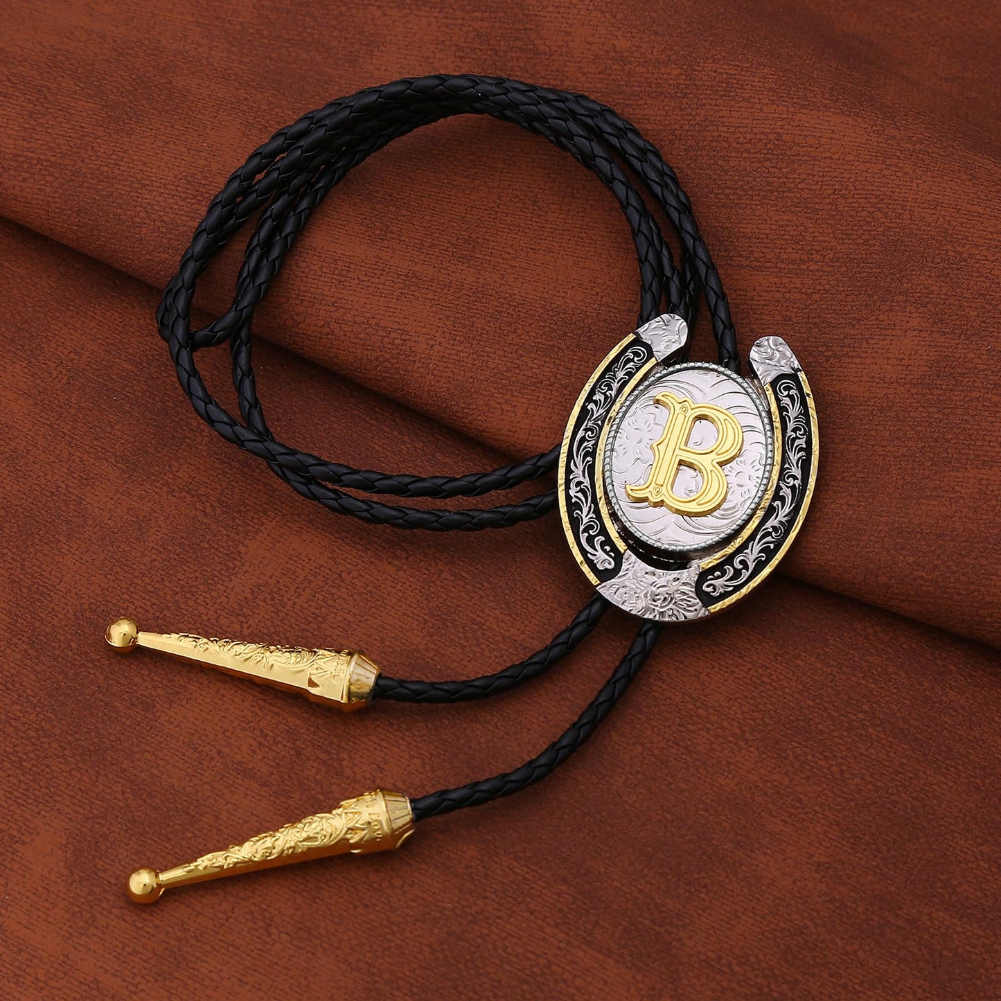 HUABOLA CALYN Gold Bolo Tie for Men- Golden Initial Letter ABCDMJR to Z Native American Western Cowboy Bolo Tie Leather Necklace Necktie Accessories for Women (B)