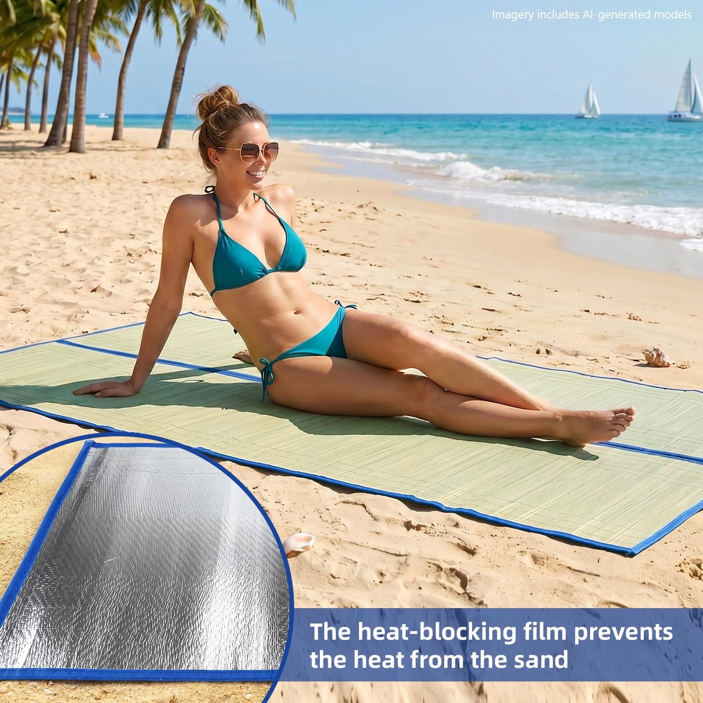 U0U 70x31.5inch Straw Beach Mat with Heat Insulation Aluminum Film,Foldable Breathable Natural Straw Mat for Insulate Beach Heat and Beach Picnic Camping Tent Crawling Yoga (Blue, 70x31.5inch/2pcs)