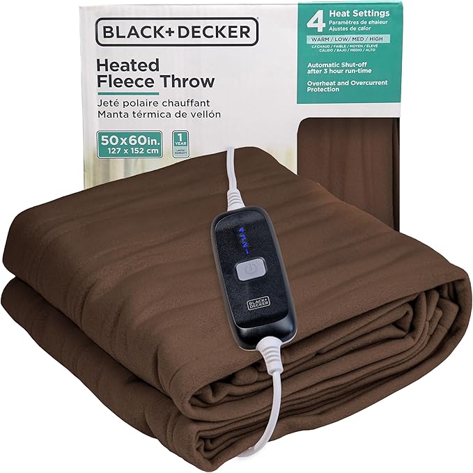 BLACK+DECKER Heated Blanket Electric Throw, Fleece Electric Blanket, Heating Blanket with 4 Heating Levels, 3H Timer, Auto Shutoff, Fast Heating (50x60 inches, Chocolate)