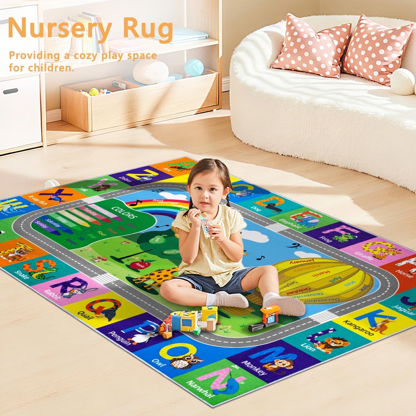VSIWB Kids Rug for Playroom Educational ABC Rug Washable Play Mat Learning Alphabet Animals Numbers Non-Slip Soft Kids Carpet for Baby Toddler Classroom Nursery Bedroom Decor 3x5