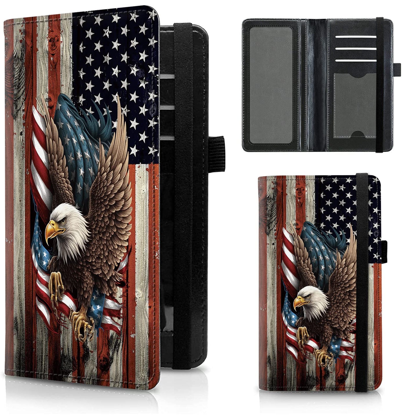 FUYOCWE Leather Checkbook Cover for Men Women Check book Holder Cover Wallets for Personal Checkbook Checks with RFID Blocking & Elastic Strap-Bald Eagle with Flag