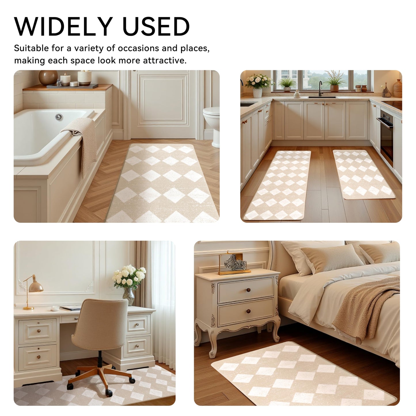 Scalloped Moroccan Trellis Cream Checkered Kitchen Rug Sets [2 PCs], Anti-Fatigue, Waterproof Non-Slip Kitchen Mats Heavy Duty Ergonomic Comfort Foam Rug for Floor, Home, Laundry,17.3"x29"+17.3"x47"