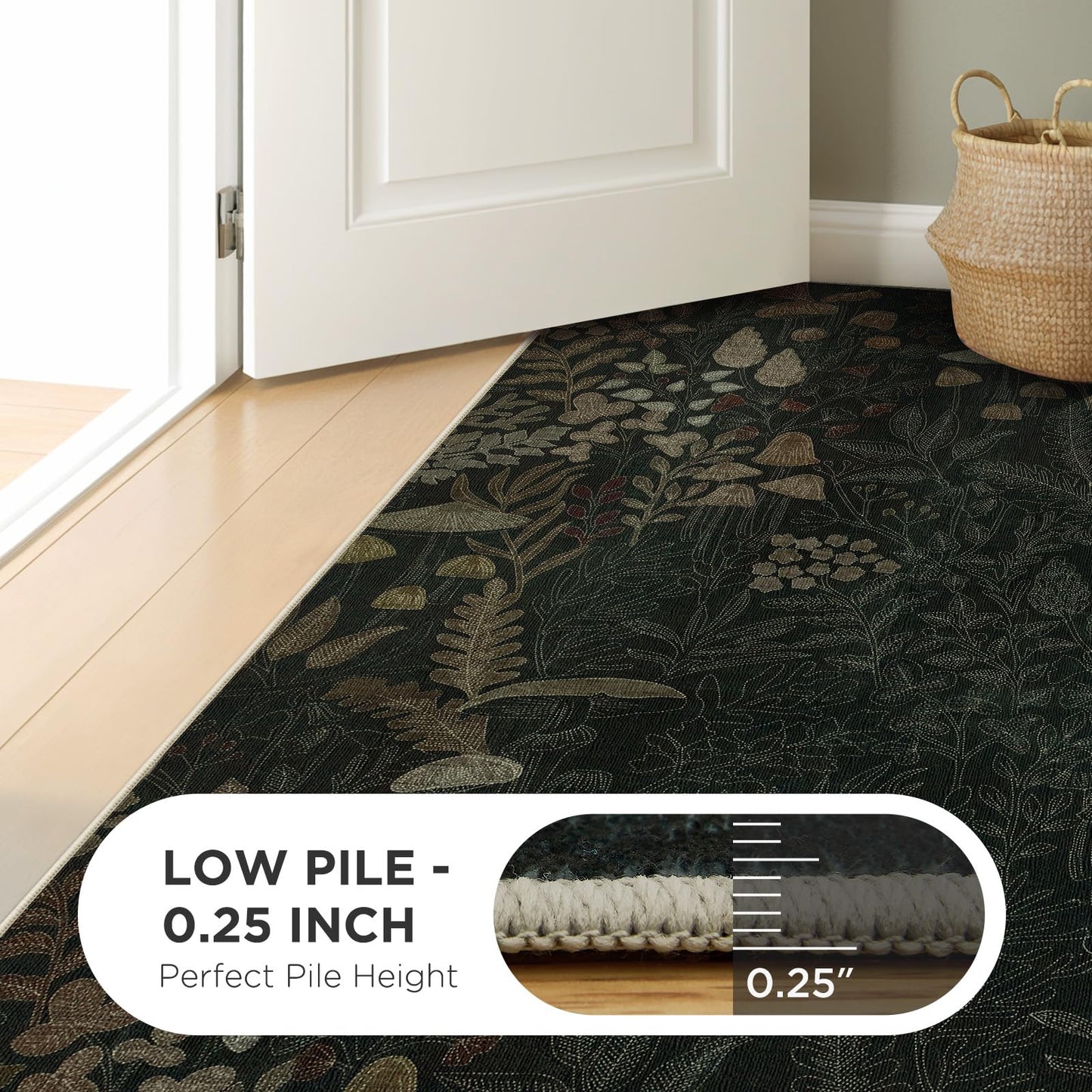 Joydeco Mushroom 5x7 Area Rugs for Bedroom, Washable Rugs for Living Room Non Slip, Boho Floral Botanical Ultra-Thin Soft Indoor Floor Throw Carpet for Dining Home Office, Black-Brown