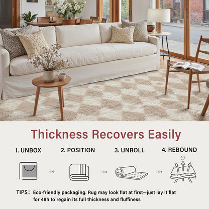PureCozy Checkered Rug 8x10 Fluffy Shag Living Room Beige Area Rug Modern Washable Carpet Soft Shaggy Non Slip Indoor Plush Fuzzy Rugs for Bedroom Dorm Office Home Aesthetic Decor