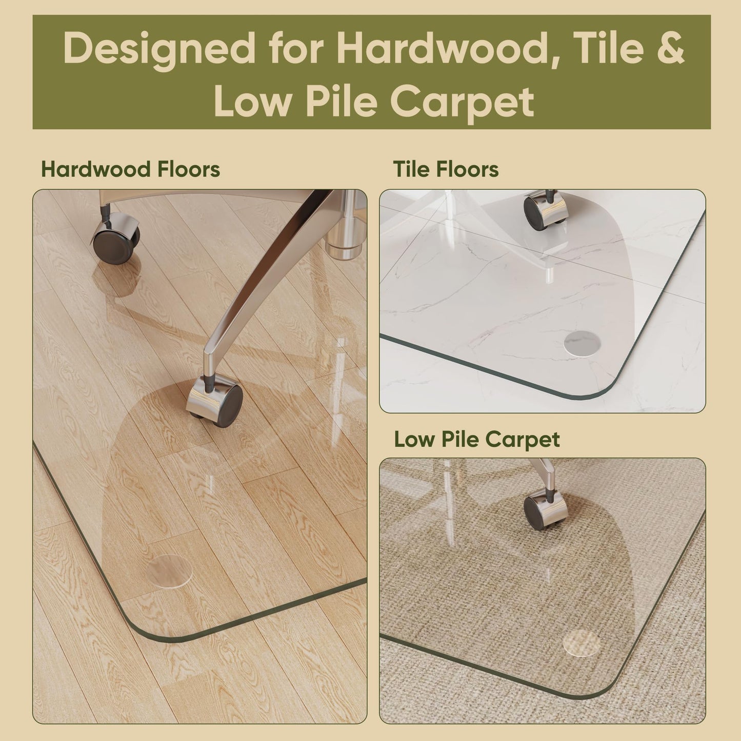 Furnbar Tempered Glass Chair Mat for Hardwood Floor, 36" x 48" Heavy Duty Glass Office Chair Mat, for Low Pile Carpet, 0.2" Thick with 4 Non-Slip Pads, Smooth Rolling for Home & Office