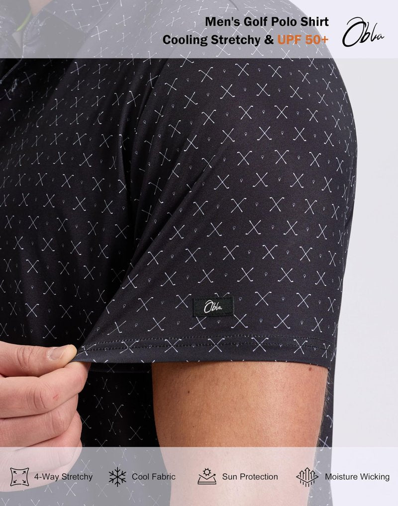Obla Mens Golf Polo Shirts Short Sleeve Dry Fit Performance Moisture Wicking Casual Print Collared Golf Shirts for Men (Black Golf Clubs_M)