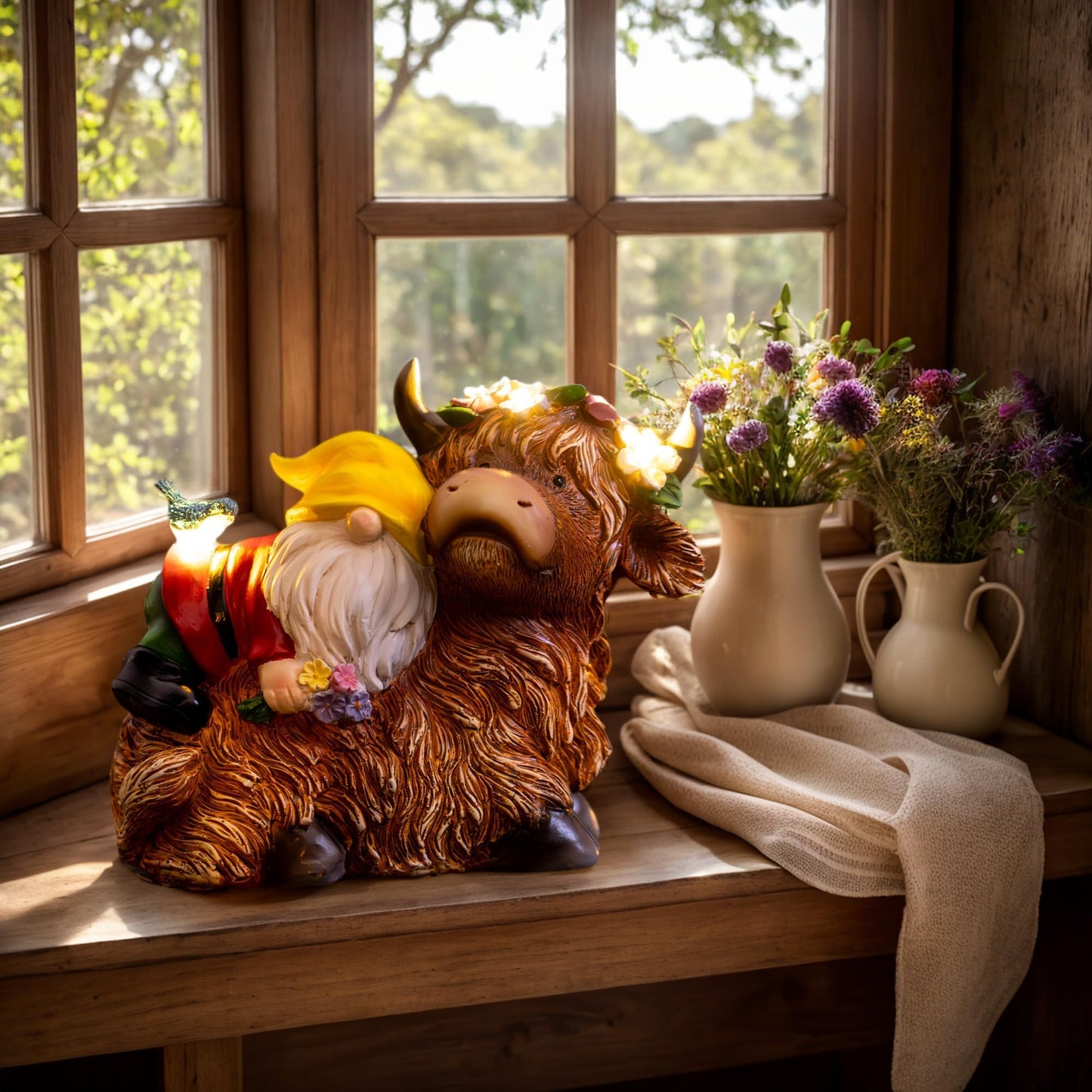 Pohabery Garden Gnome Statue - Highland Cow with Solar Flower LED Lights and Bird - Funny Outdoor Decor for Table, Patio, Lawn - Unique Birthday Gifts for Mom, Women, and Christmas Decorations