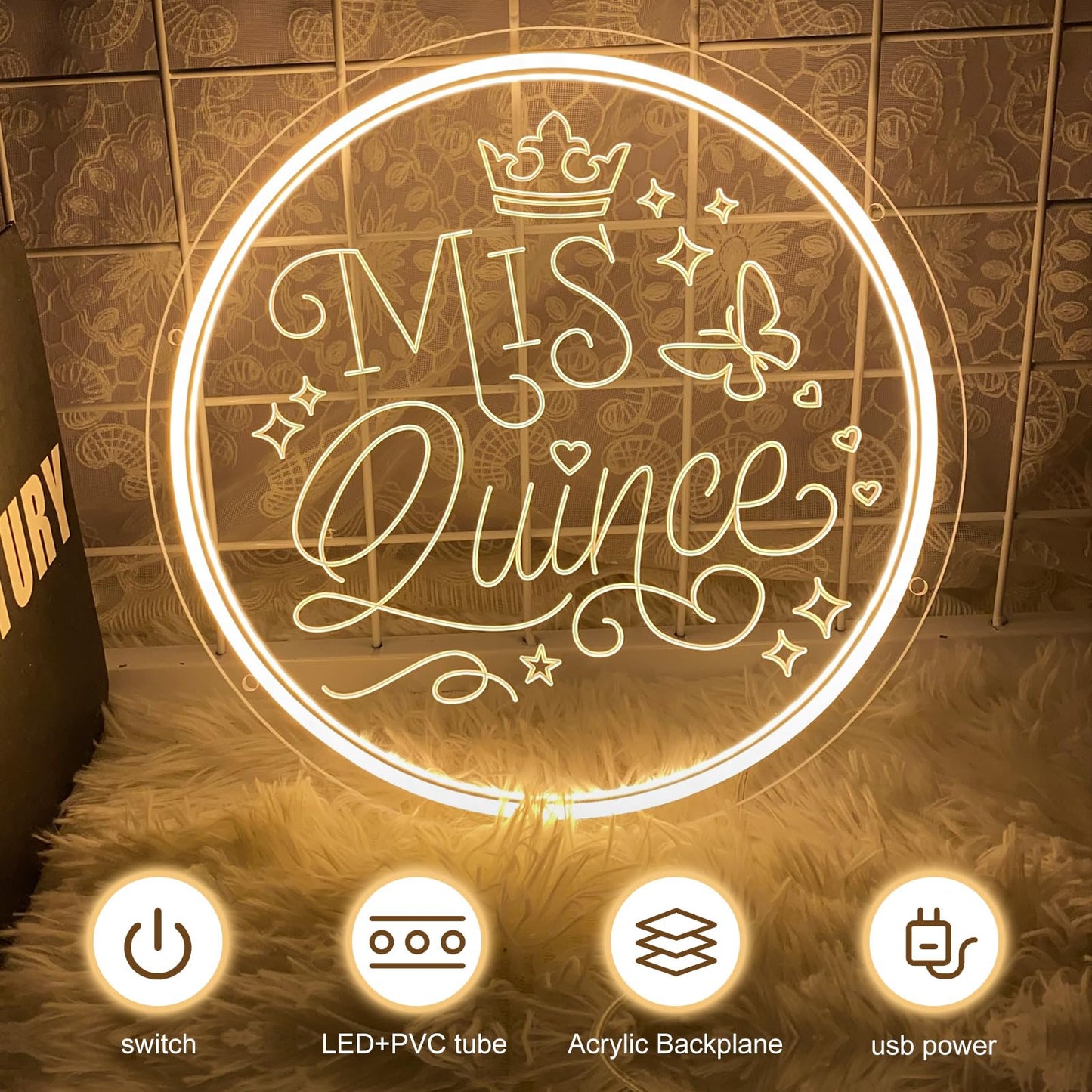 Mis Quince Neon Sign Happy 15th Birthday Neon Signs for Wall Sweet 15 LED Neon Light with Dimmable Switch Neon Lights Letter Neon Wall Sign for Bedroom Quinceanera Birthday Party Decor Girl Gift