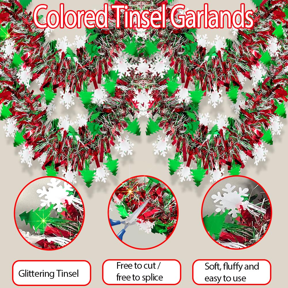 66 Ft Christmas Tinsel Garland Shiny Thick Red & Green with Tree and Snowflake Design Xmas Tree Metallic Twist Hanging Foil Garland for Christmas Birthday Holiday Indoor Outdoor Party Decor