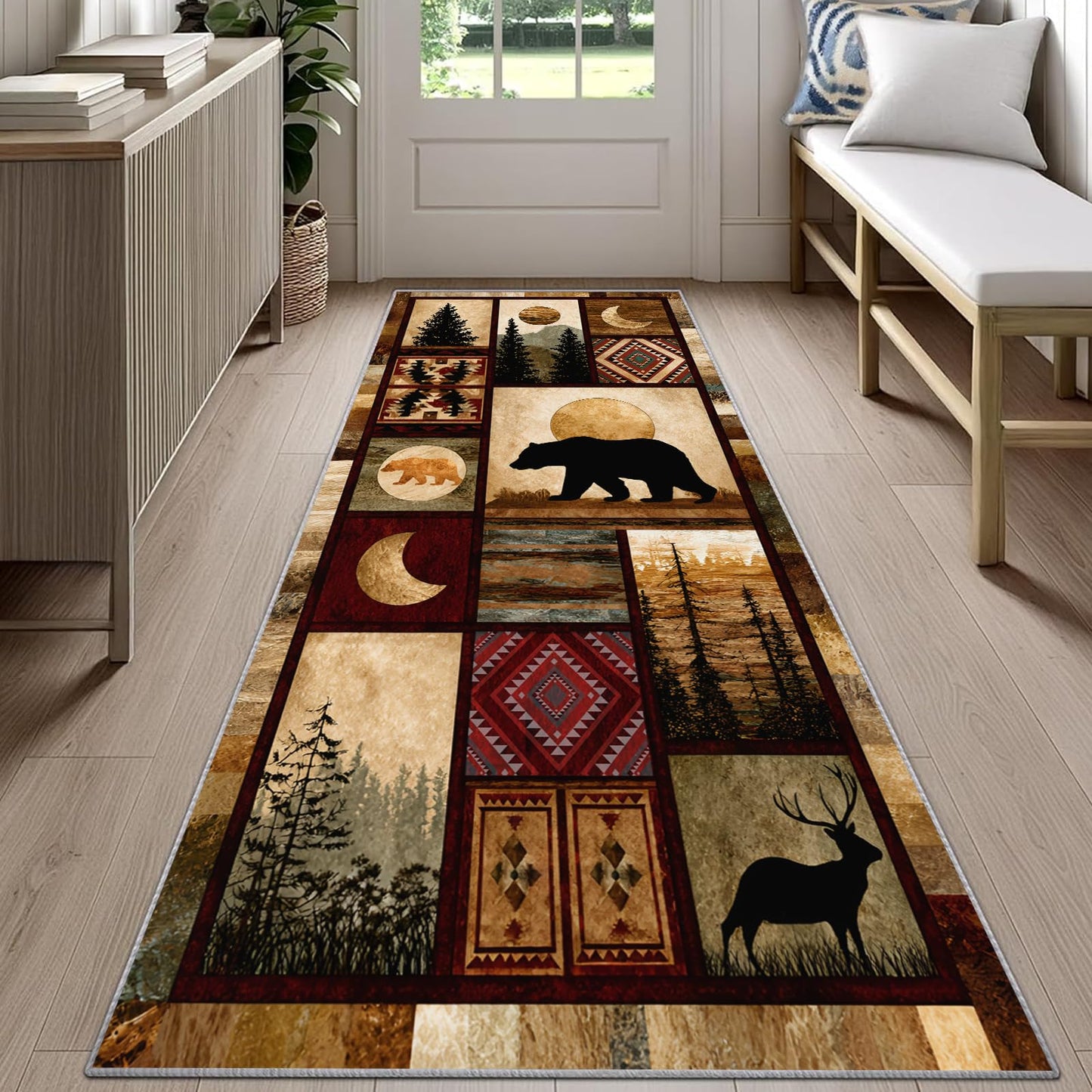 Reocahoo Rustic Cabin Runner Rug 2x6ft, Lodge Bear Deer Rug Runner, Southwestern Wildlife Rugs, Soft Low Pile Kitchen Mats for Floor - Retro Country Style Home Decor