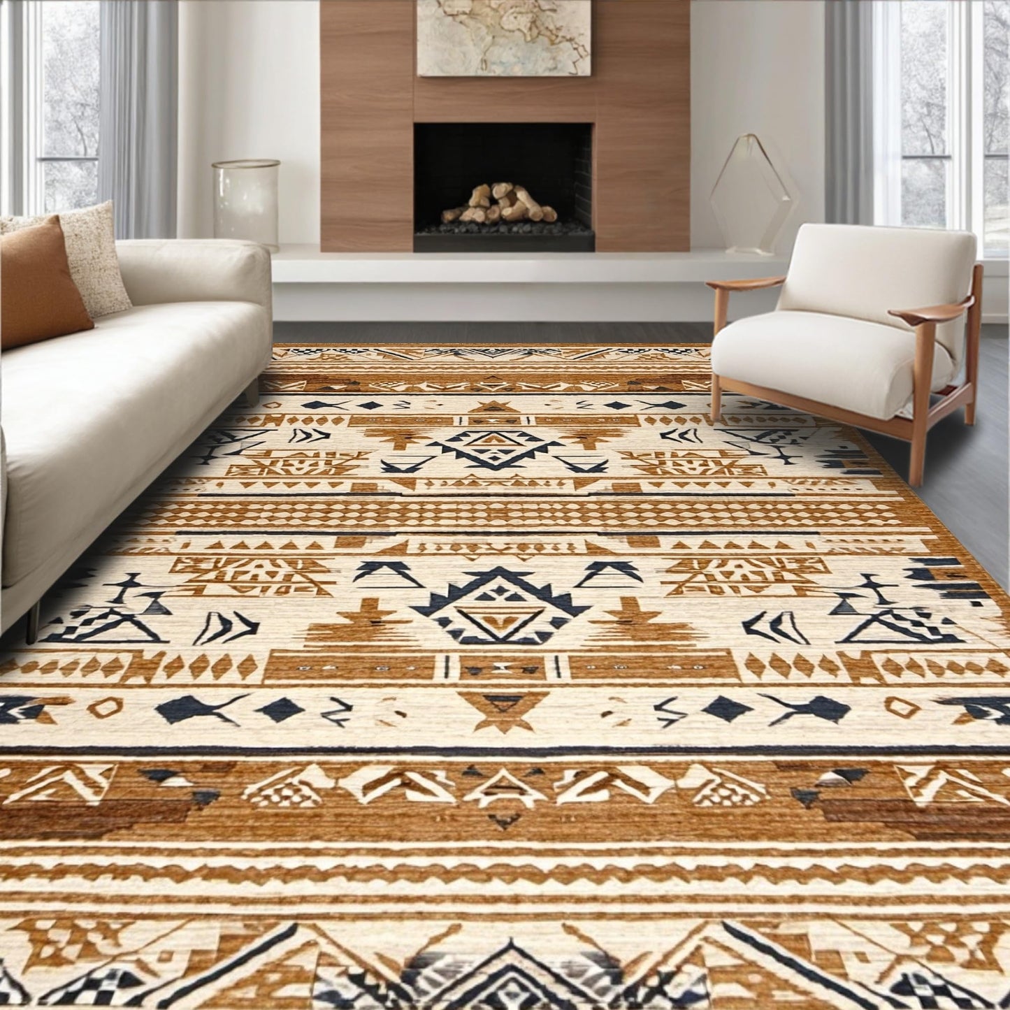ODIKA Flatwoven High Traffic Area Rug 5x7, Cultural Heritage Geometric Motif, Non Slip, Stain Resistant, Washable Area Rugs for Living Room, Bedroom (Beige, 5x7)