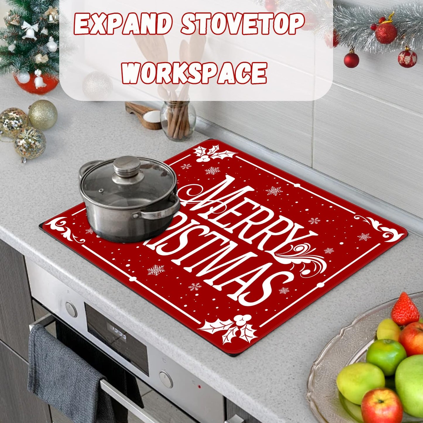 Christmas Stove Top Cover for Electric Stove, Merry Christmas Range Covers, Snowflake Range Top Mats, Glass Cooktop Covers 28x20 inch, Red Cooktop Cover for Kitchen Winter Holiday Home Decor