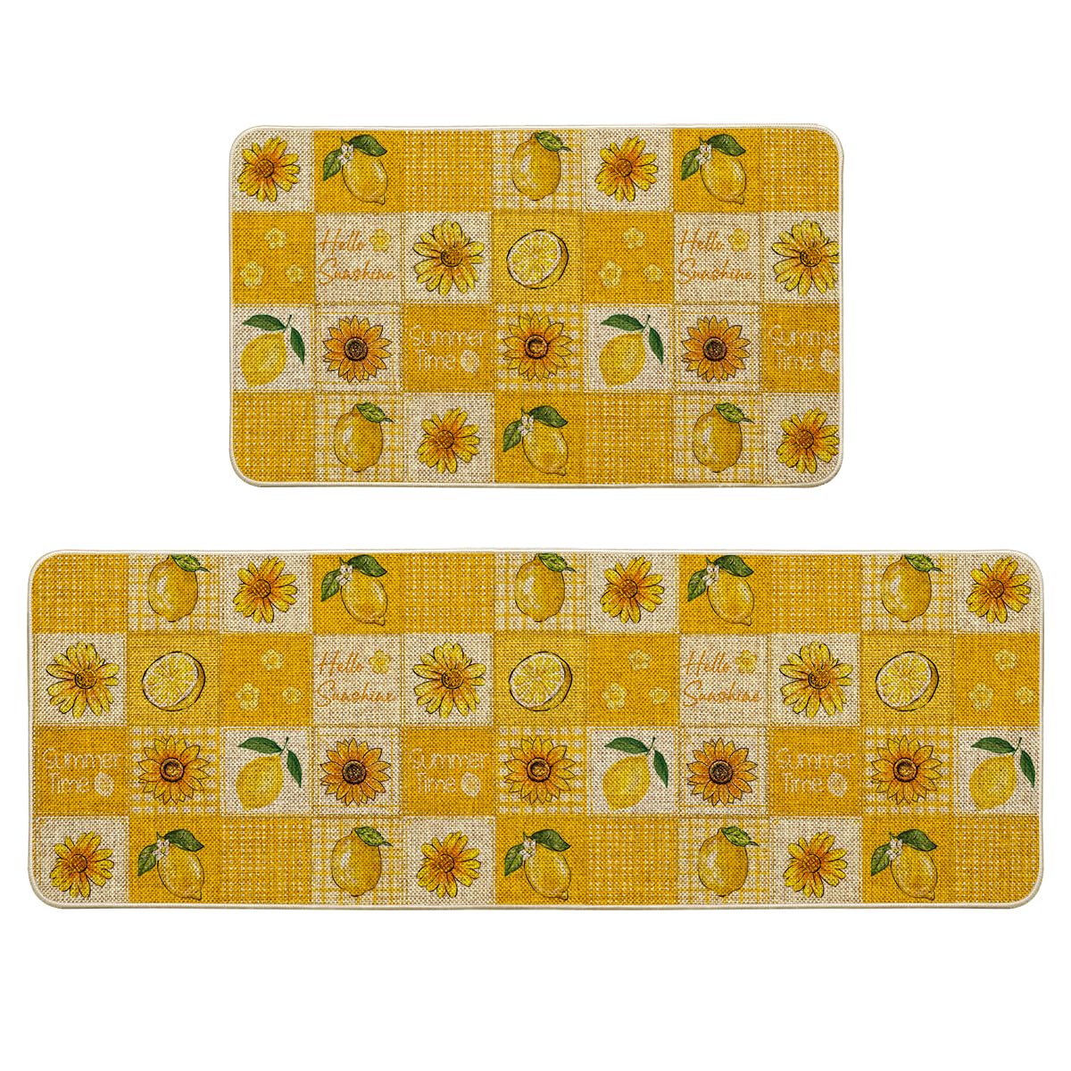 Artoid Mode Plaid Lemon Sunflower Summer Kitchen Mats Set of 2, Seasonal Low-Profile Home Decor Kitchen Rugs for Floor - 17x29 and 17x47 Inch