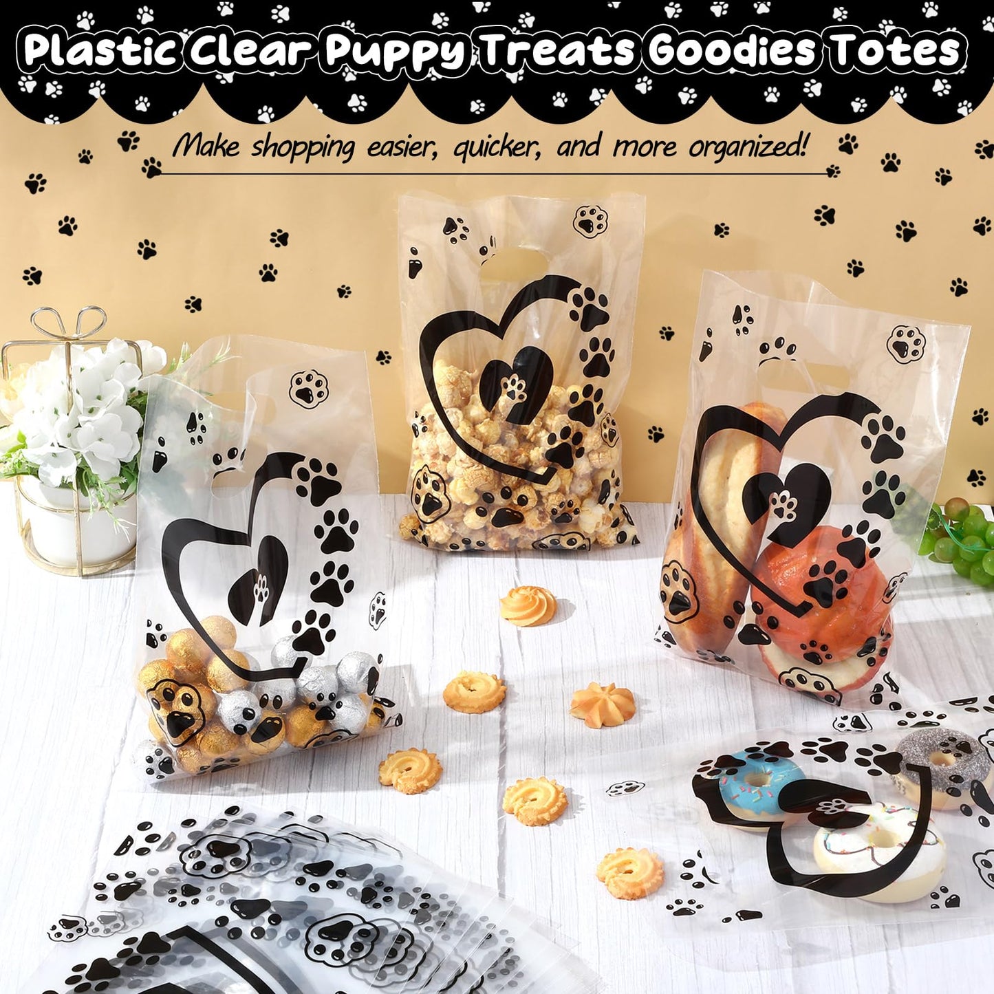 Sunnymove 400 Pcs Dog Paw Gift Bags Bulk 11.8x7.9 In Plastic Clear Puppy Treats Goodies Totes with Handle Merchandise Shopping Bag for Christmas Birthday Party Retail Business Wrapping