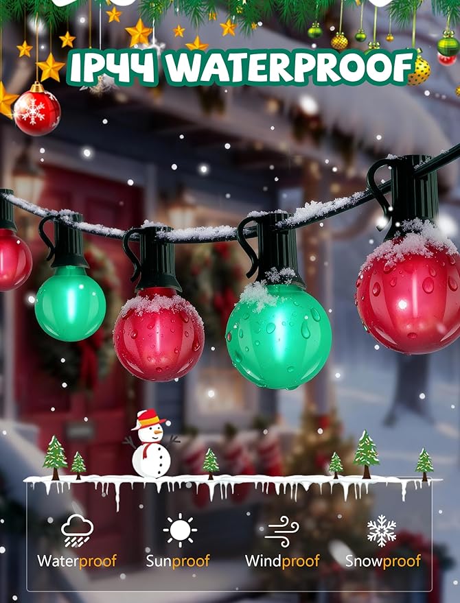 25Ft LED Christmas Outdoor String Lights, G40 Globe String Lights with 27 0.6W Red Green Bulbs, Vintage Christmas Lights for Holiday Party Backyard Wedding Garden Patio Porch Decor