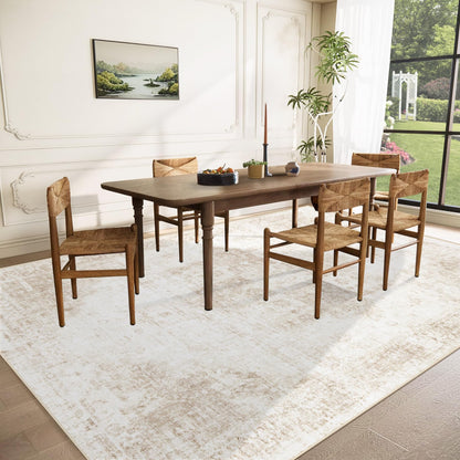 VECARF Area Rug 9x12 Washable Rug, Vintage Boho Medallion Rugs Non-Slip Soft Low Pile Large Distressed Rug Indoor Retro Carpet for Living Room Bedroom Dining Room Home Office (Beige, 9'x12')