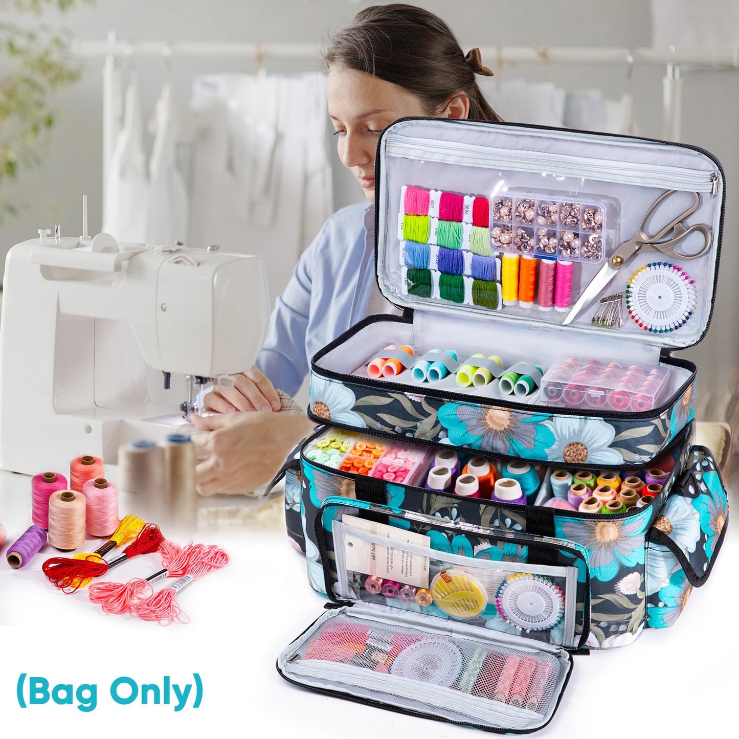 AMOIGEE Large 15" Double-Layer Sewing Storage Bag with Detachable Diviers – Large Sewing Organizer with Shoulder Strap, Elastic Loops for Sewing Supplies, Tools & Accessories