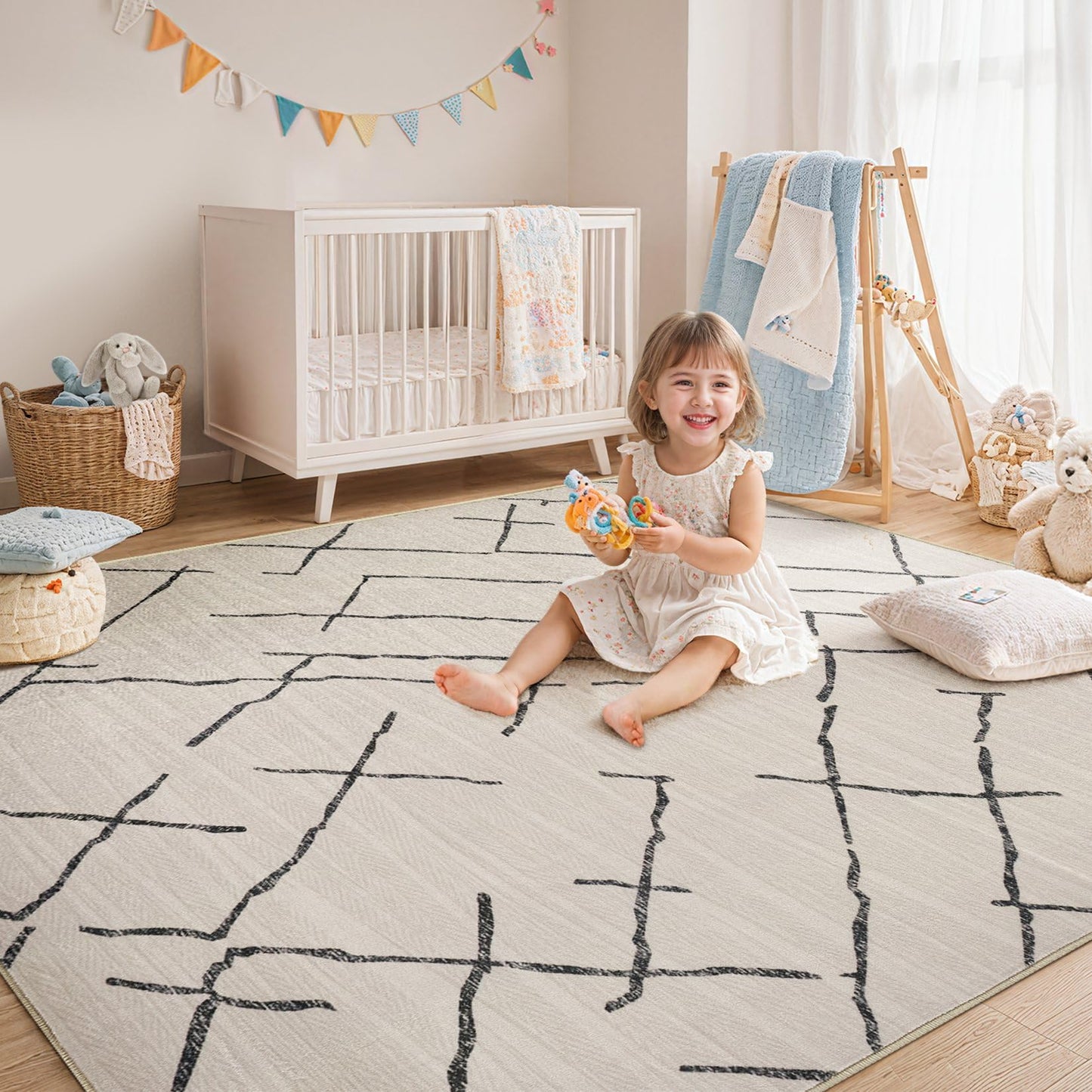 kakania 6x9 Washable Area Rug: Non Slip Soft Thin Carpet, Boho Geometric Modern Decor, Easy Clean Indoor Floor Rugs for Living Room Bedroom Kids Dorm Office Dining - Beige