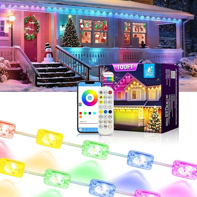 Permanent Outdoor RGB Lights with IP67 Waterproof, Smart Outdoor String Lights Remote Control, Eaves Lights with App, Daily and Accent Lighting for Halloween,Christmas Decor (100ft)
