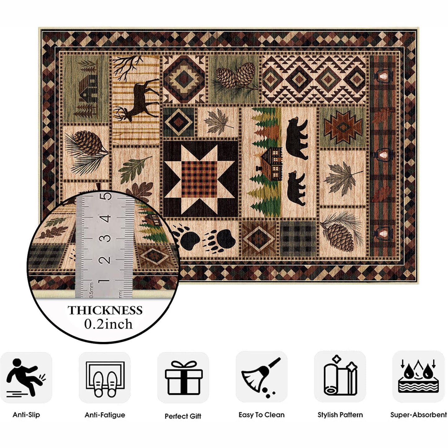 Bear Rug 2x3 Rustic Cabin Deer Entryway Rug Southwestern Lodge Doormat Machine Washable Non-Slip Low-Pile Western Woodland Door Mat for Kitchen Bathroom Bedroom Laundry