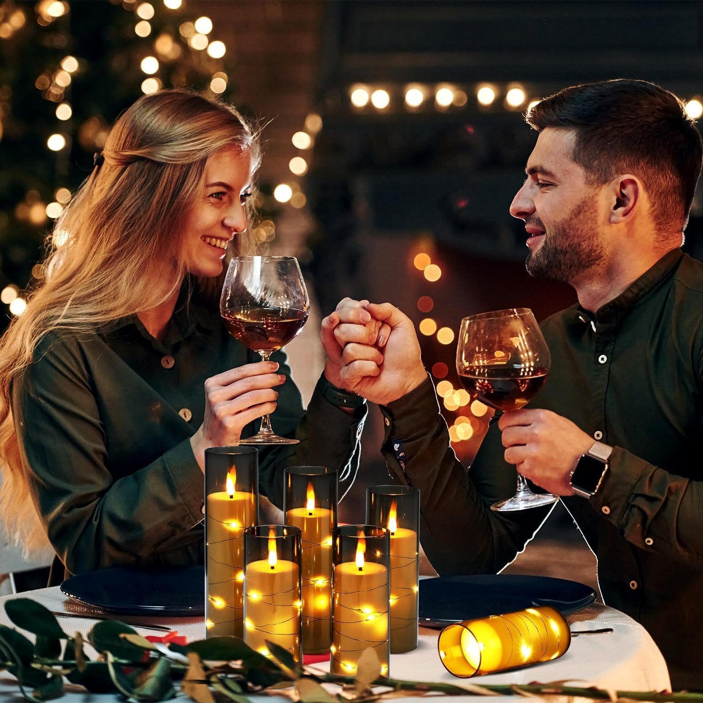 5 Pcs Christmas Pillar Flameless LED Candles 6 Inch Christmas Candles with Embedded Star String Battery Operated Flickering Candlestick for Xmas Holiday Party Wedding Decor