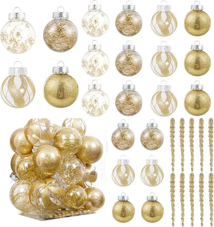 XmasExp 32ct Christmas Ball Ornaments Set -Gold Clear Plastic Shatterproof Xmas Tree Ball Decorations Hanging Baubles for Holiday Decor