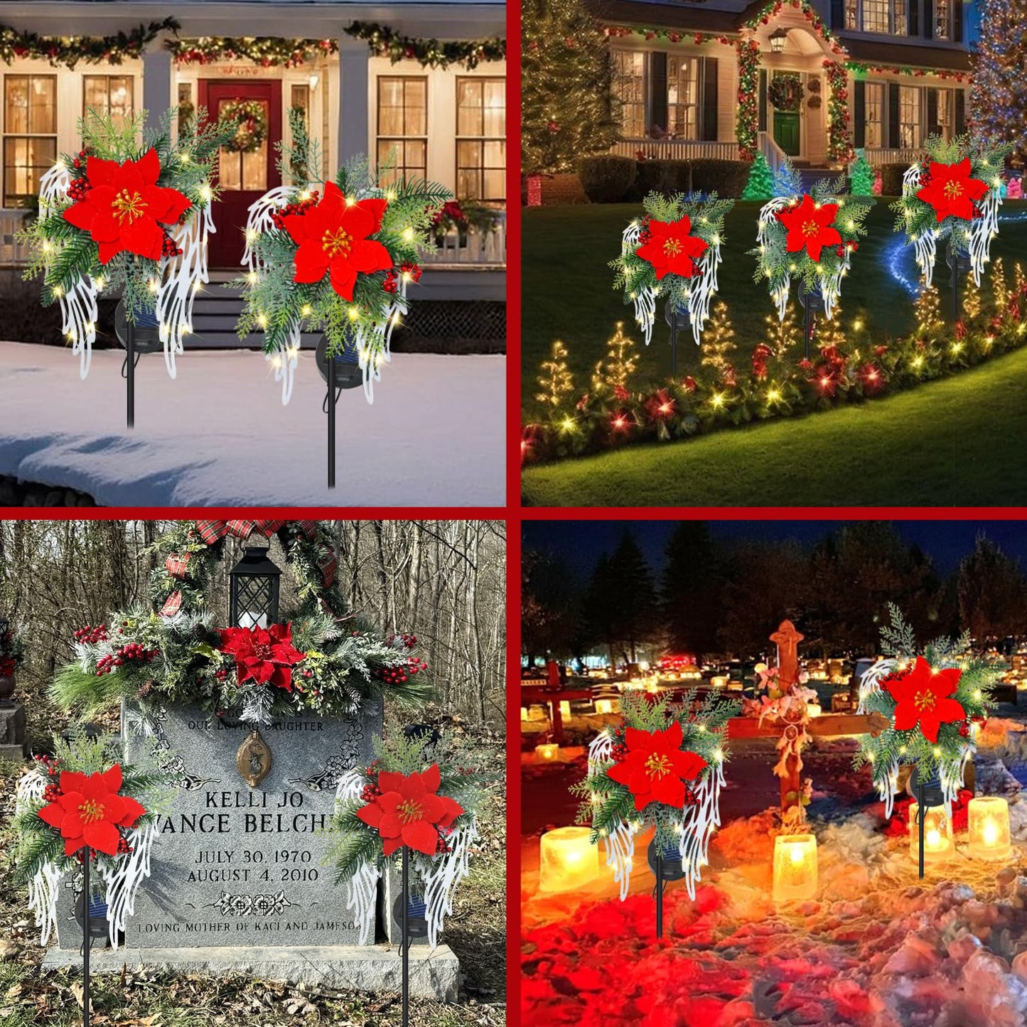 Solar Christmas Lights Outdoor Decorations, Angel Wings Garden Stake Lights Waterproof with Poinsettia Decor for Pathway, Patio, Yard, Lawn